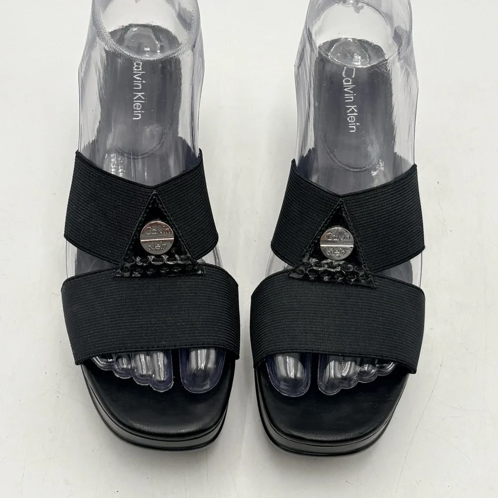 Calvin Klein Black Ying Sz 7 Stretchy Strap Open Platform Sandals Y2K 90s Slipon